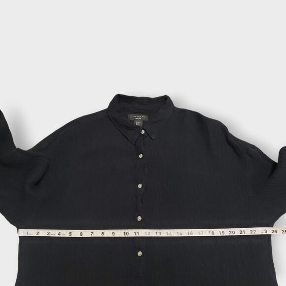 Tahari 100% Linen Crinkled Texture Black Button Up Shirt Sz XL Goth Neutral Core - Picture 8 of 11